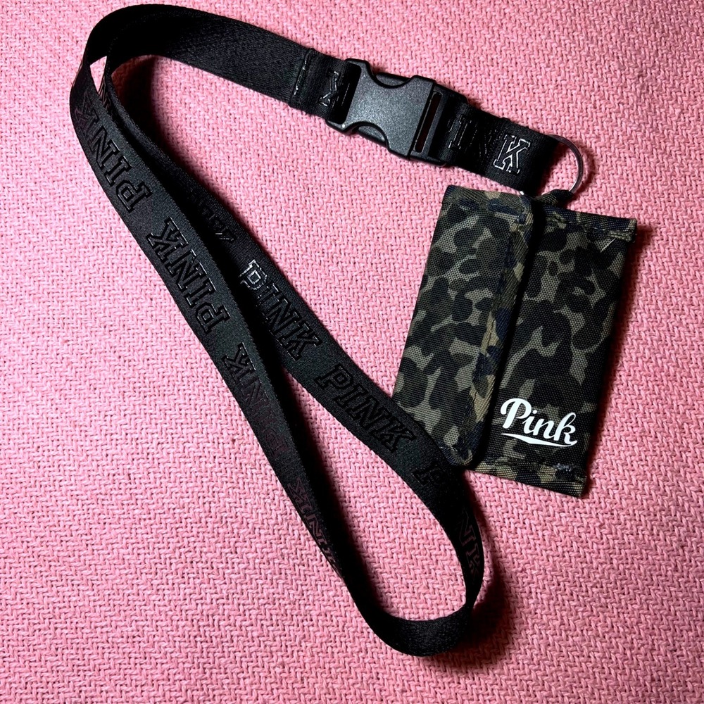 Victorias Secret‎ PINK Lanyard and Camo Wallet Set Black Green ID Holder Pouch